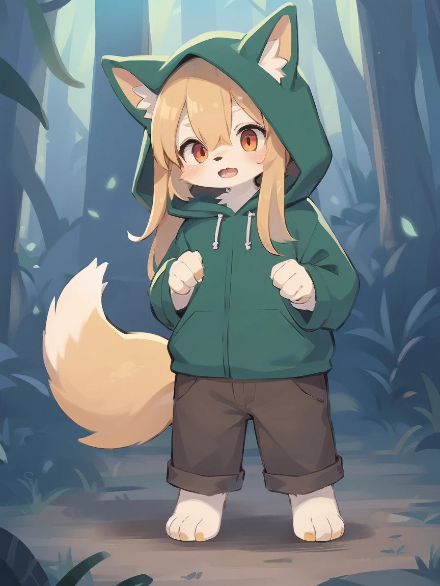 flat color, shota the fox, , was hairy, shaggy, skin fur, smooth lashes, golden fur, forelimb hands, straight long blonde hair, solid circle eyes, golden ears, golden fur, golden facial fur, shiny hair, red eyes, super cute face, 1fox tail, fluffy tail, furry tail, glowing eyes, green coat green hood down, brown trousers, standing, open mouth, ambient light, ultra-fine fur, dashed eyes, (full body), masterpiece, high quality, high-details, best quality, (solo)