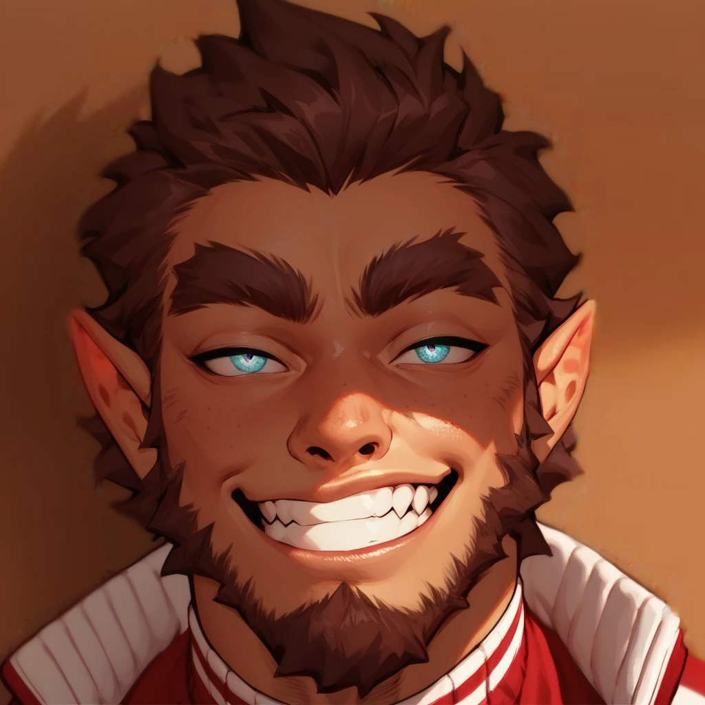  beard, thick eyebrows, squinted eyes, horny, smile, pointy ears, masculine, red varsity jacket

