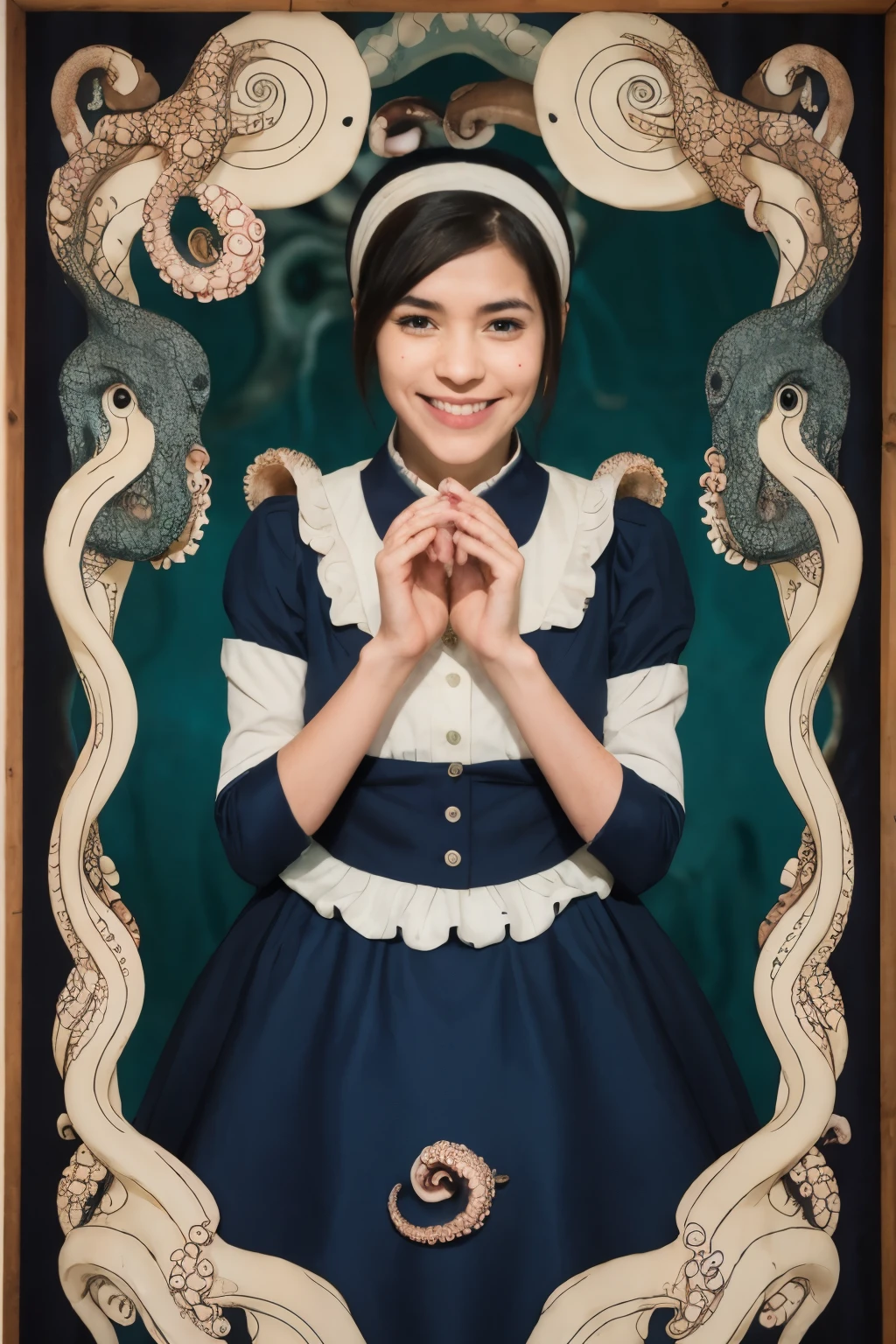One girl,Half an octopus、Octopus、 Shoggoth, Body Horror, Maid, whole body, Cabin background, Captivating smile,
