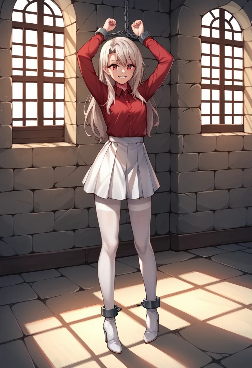 score_9, score_8_up, score_7_up, score_6_up, score_5_up, score_4_up, source_anime, 1girl, worth, perfect anatomy, solo, Irisviel von Einzbern, red eyes, long hair, red shirt, dress shirt, white skirt, white thigh boots, heels, pantyhose, cowboy shot, standing, smile, indoors, spread arms, w-w-chain, shackles, dungeon, best quality, best res, 4K UHD,
 