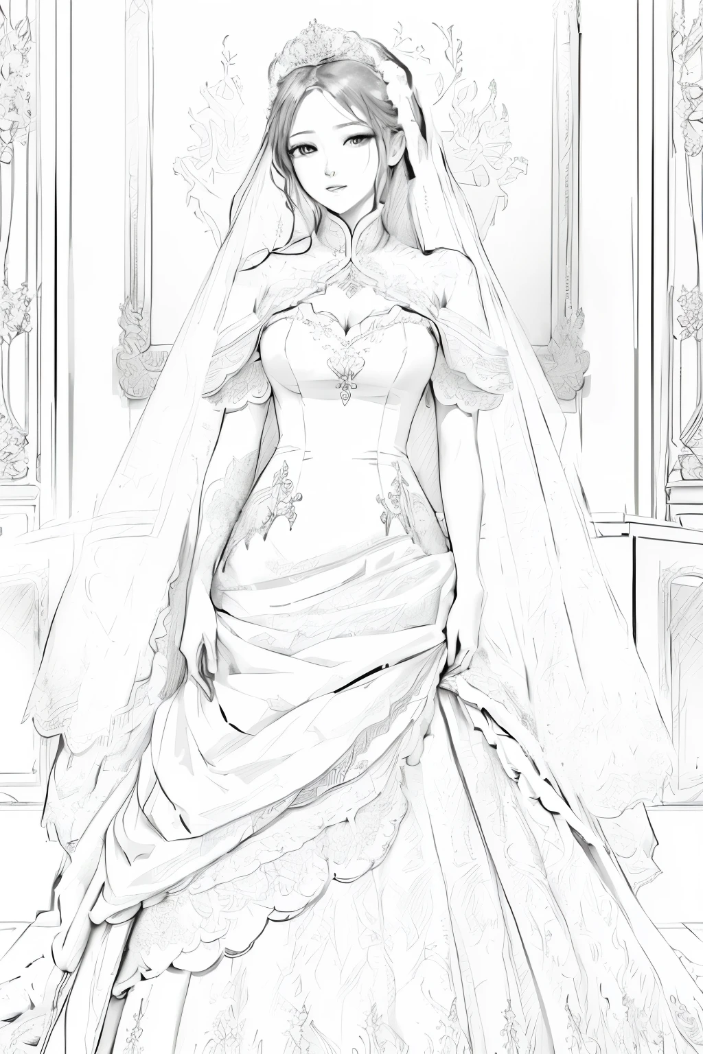 A black and white painting of a bride in a wedding dress, Very detailed lines, line art behance hd, Draw with photoshop, Extremely detailed lines, Coloring Pages, 线条艺术Coloring Pages, Coloring Pages, Sketch black and white color, Black and white detailed sketch, Official artwork with high detail, Strong line art, Adding Details