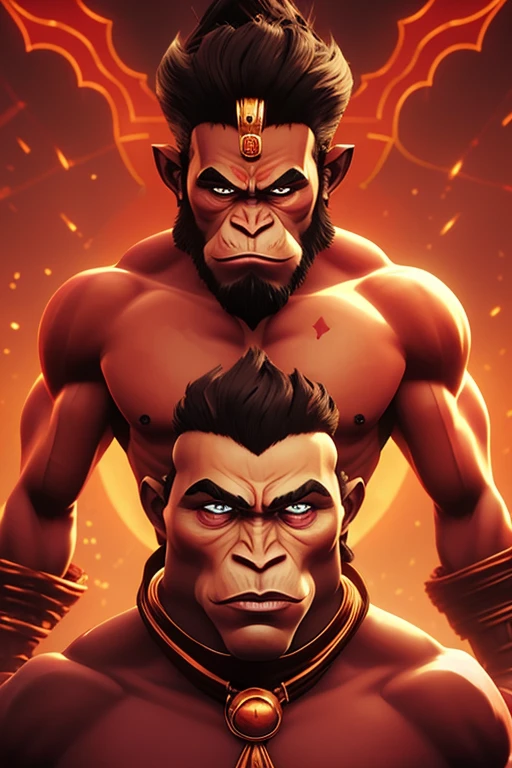 Hanuman, the revered monkey god, and Shanidev, the embodiment of power and justice, are depicted in an epic battle of epic proportions. This masterpiece, captured in ultra high resolution, showcases the best quality of digital artistry. The realism of the scene is heightened to 1.4, bringing the mythological figures to life with startling clarity. The original image is a close up, focusing on the intense expressions and muscular forms of both deities.
Hanuman, clad in his traditional maroon loincloth, displays his chiseled features and powerful physique. His eyes blaze with determination as he readies for another attack. His skin, textured