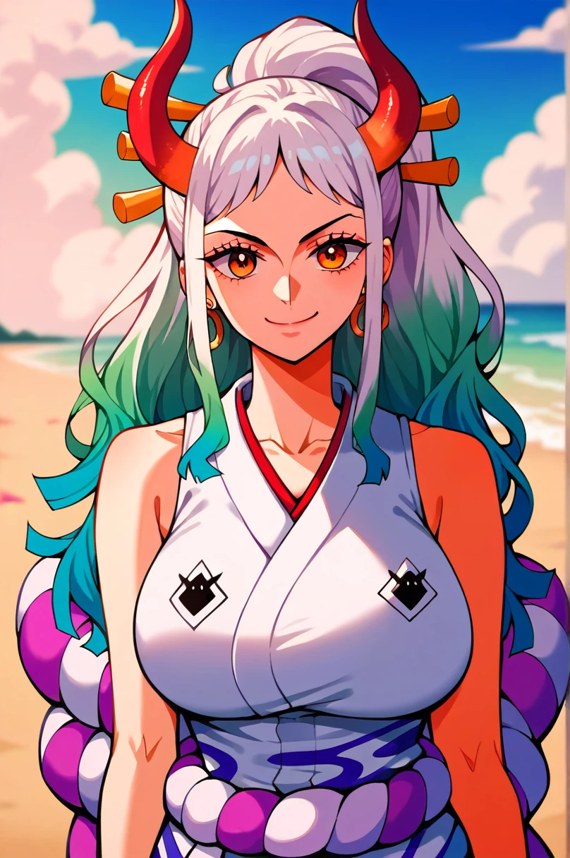 yamato \(one piece\), 1girl, solo, japanese clothes, multicolored hair, jewelry, earrings, sleeveless kimono, hair ornament, kimono, curled horns, long hair, oni, upper body, smile, rope, breasts, hair stick, sleeveless, shimenawa, closed mouth, hoop earrings, bare shoulders, ponytail, (masterpiece, best quality), beach, scenery, ((front view)), detailed, very high resolution, no blurry image, ((full body)), orange eyes, sligh wavy hair, ((huge breasts))