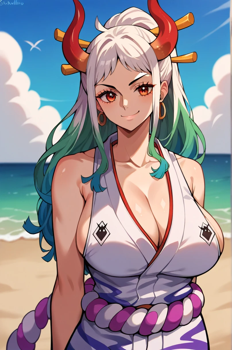 yamato \(one piece\), 1girl, solo, japanese clothes, multicolored hair, jewelry, earrings, sleeveless kimono, hair ornament, kimono, curled horns, long hair, oni, upper body, smile, rope, breasts, hair stick, sleeveless, shimenawa, closed mouth, hoop earrings, bare shoulders, ponytail, (masterpiece, best quality), beach, scenery, ((front view)), detailed, very high resolution, no blurry image, ((full body)), orange eyes, sligh wavy hair, ((huge breasts))