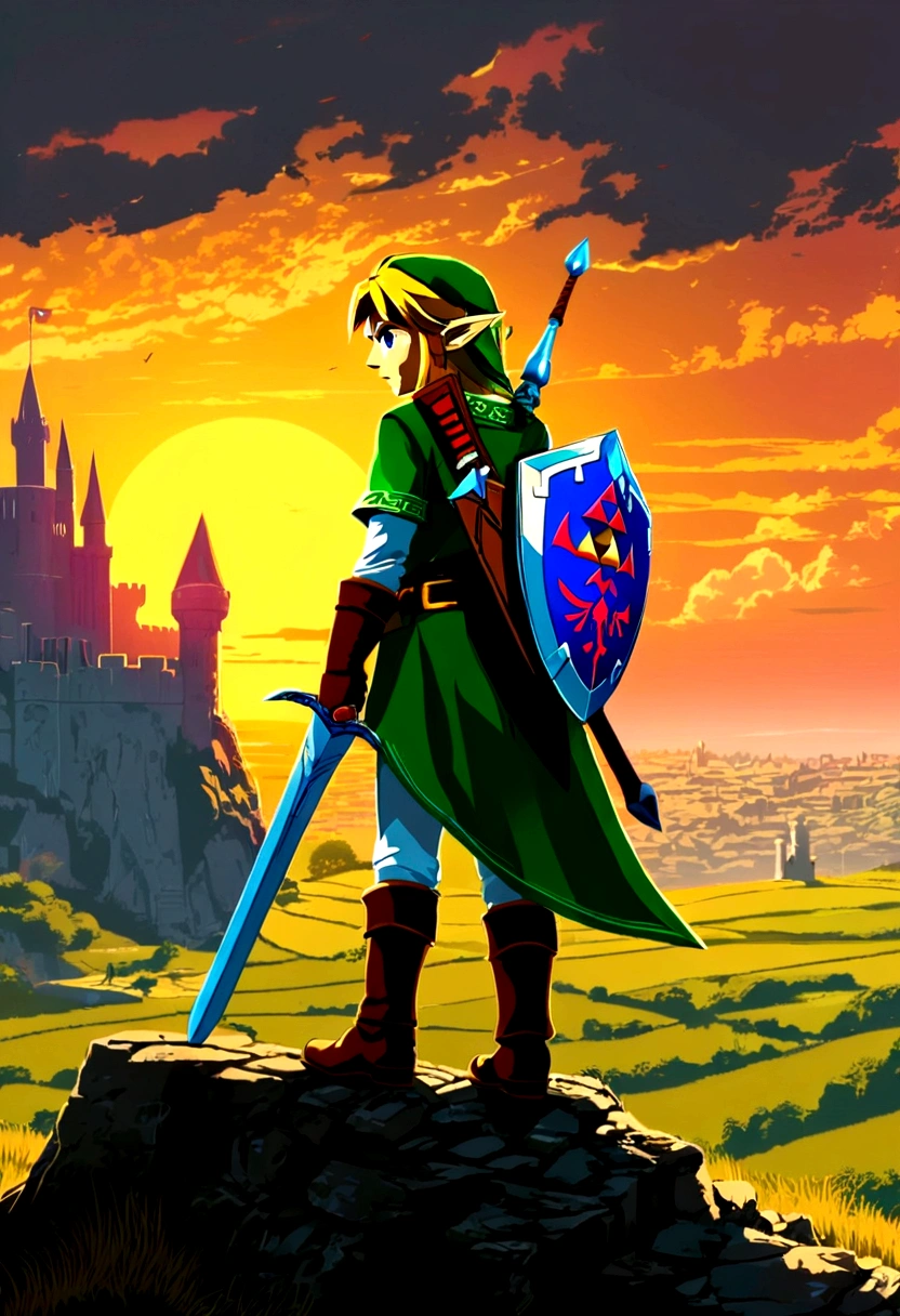 (The Legend of Zelda), Brave Link stood alone On the ruins of the castle, staring into the distance. The setting sun was like blood, reflecting on his figure. The sword in his hand hung quietly to the side. Although he was surrounded by desolation, his heart was still full of hope and courage, full body, (Photography), panoramic view, award-winning, cinematic still, emotional, vignette, dynamic, vivid, (masterpiece, best quality, Professional, perfect composition, very aesthetic, absurdres, ultra-detailed, intricate details:1.3)