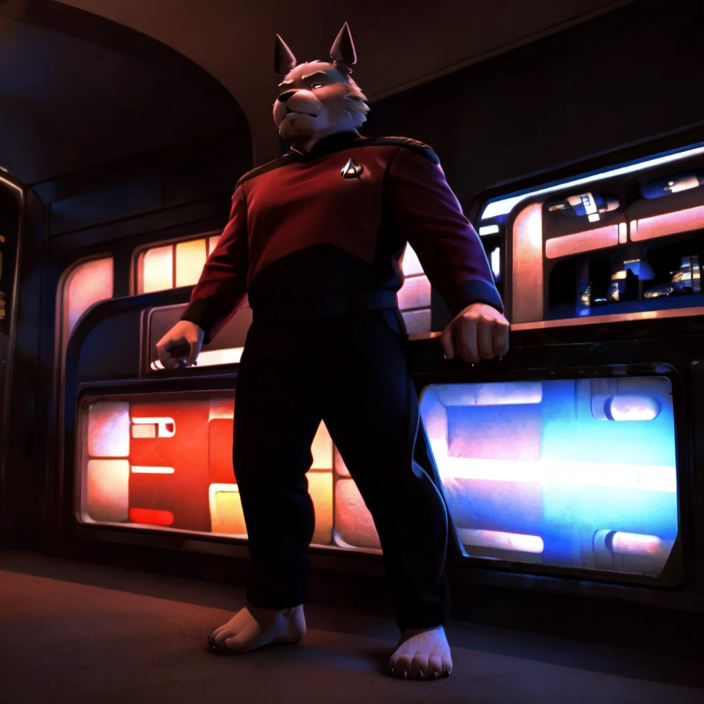 (((Barefoot furry character, full body, cinematic setting, furry male, plantigrade))) 

captain ((Totoro)), studio ghibili, furry, big, fat, whiskers, grey skin, claws,

drunk at starship bar, wears star trek next generation captain red uniform, ((s3stngunf red uniform))) long black pants, muscular figure, dynamic pose, action expression

((Bridge of starship with many screens and consoles)), futuristic look, metalic, bright colors

BREAK, intricate details, highly detailed, extreme detail, octane render, fine art, best quality, highres, (detailed face:1.5), ((full_body)), UHD, (((perfect hands))), ((low light:1.5))