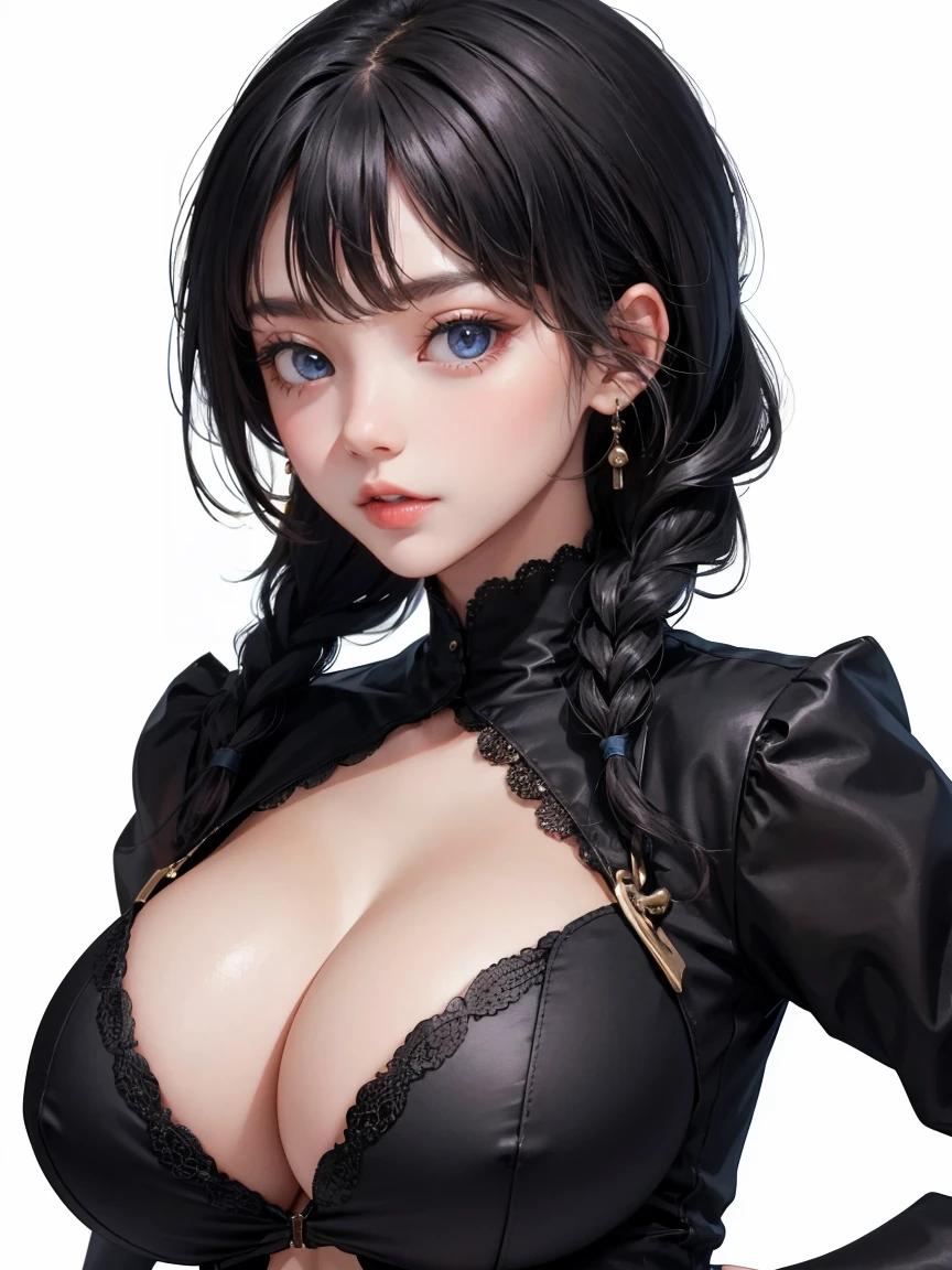 sexy costumes , Lace stockings , eye makeup , cute girl , detailed eyes , braided hairstyle , white background , portrait , face , huge breasts