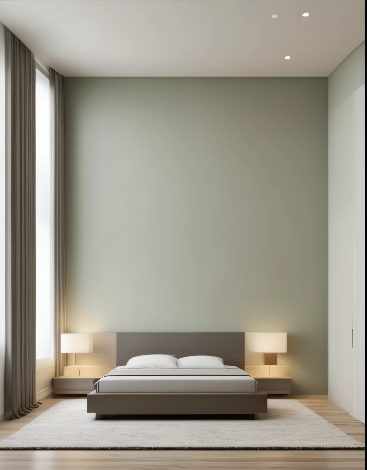 "Design a modern bedroom interior with white walls paired with sage green, industrial wood furniture, large windows, and evening LED lighting."