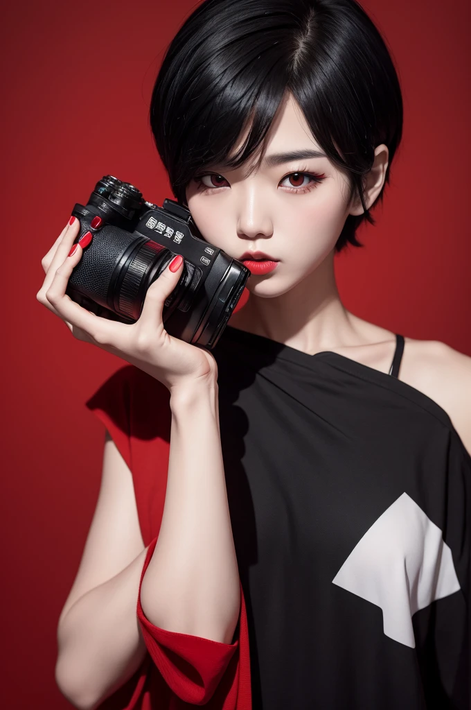 Korean character, black and white short hair, with red backdrop holding a camera pouting with his mouth