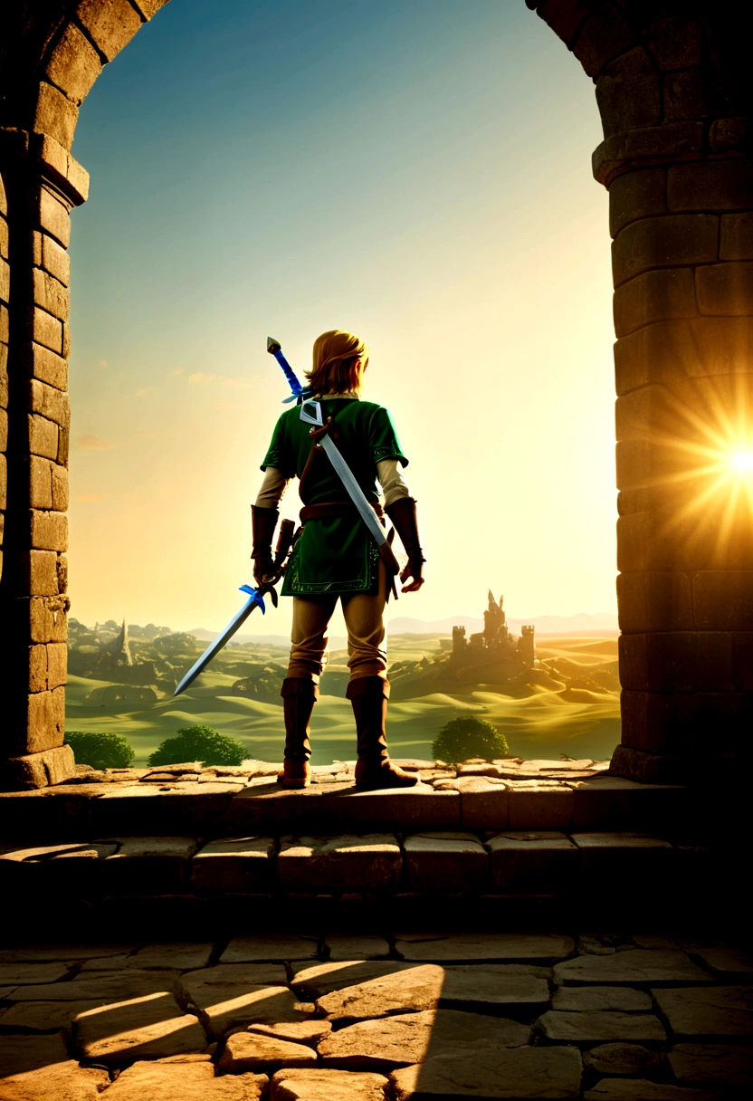 (The Legend of Zelda), Brave Link wakes up from slumber on the grassland in the sun. The sword in hand shining in the sun, ready for a new adventure. The background is the tranquil grassland and shading trees, full body, (Photography), panoramic view, award-winning, cinematic still, emotional, vignette, dynamic, vivid, (masterpiece, best quality, Professional, perfect composition, very aesthetic, absurdres, ultra-detailed, intricate details:1.3)