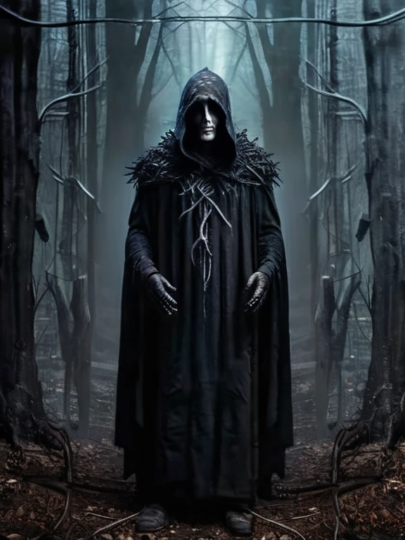 Horror-themed, In an ancient and mysterious city a person in a creepy costume standing in a dark forest carcosa city style, Eerie, unsettling, dark, spooky, suspenseful, grim, highly detailed