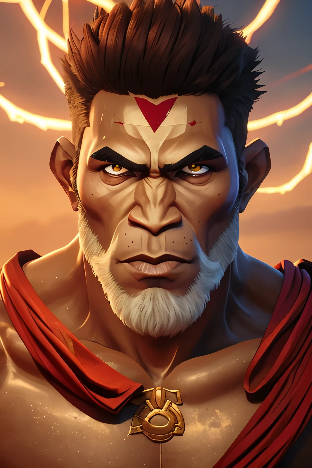 Hanuman, the revered monkey god, and Shanidev, the embodiment of power and justice, are depicted in an epic battle of epic proportions. This masterpiece, captured in ultra high resolution, showcases the best quality of digital artistry. The realism of the scene is heightened to 1.4, bringing the mythological figures to life with startling clarity. The original image is a close up, focusing on the intense expressions and muscular forms of both deities.

Hanuman, clad in his traditional maroon loincloth, displays his chiseled features and powerful physique. His eyes blaze with determination as he readies for another attack. His skin, textured