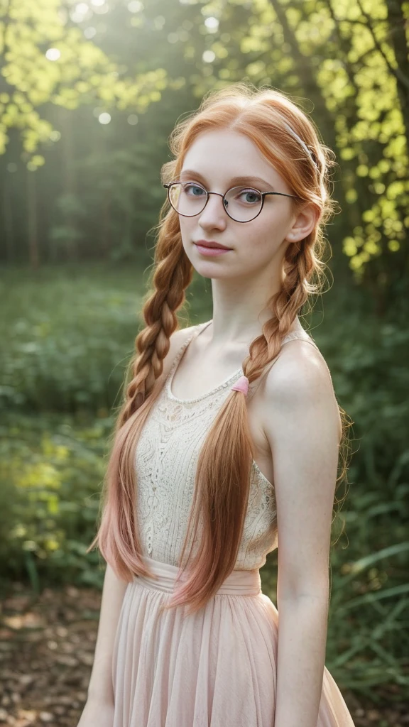 A full body 16 y.o. trashy girl, ginger girl, very pale skin , very bulging eyes, very big round black glasses, very thin girl, backlighting,(pink hairpins in her hair) and two pigtails, one on each side of the head,nose ring piercing, sun, backlighting, very pale skin full of freckles, very bulging eyes, very big round glasses, ginger hair, very very very thin legs and very very very thin arms, swimming gracefully abandoned city ruins in the background, detailed facial features, beautiful flowing hair, iridescent scales, serene and mysterious sun atmosphere, 8k, vibrant colors, cinematic lighting, photorealistic, concept art style, soft lighting, dreamy atmosphere, light pastel colors, delicate bokeh, david hamilton style, high quality, intricate details, cinematic lighting, film grain, muted tones, warm tones, gentle smile, long hair, natural beauty, graceful pose, serene expression, lush foliage, outdoor setting, peaceful, romantic, feminine,((full body,from below))