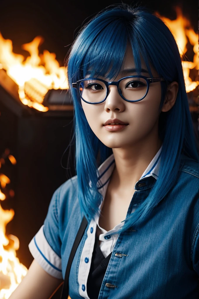 A Korean character with realistic blue hair , wear glasses , is on fire , High resolution