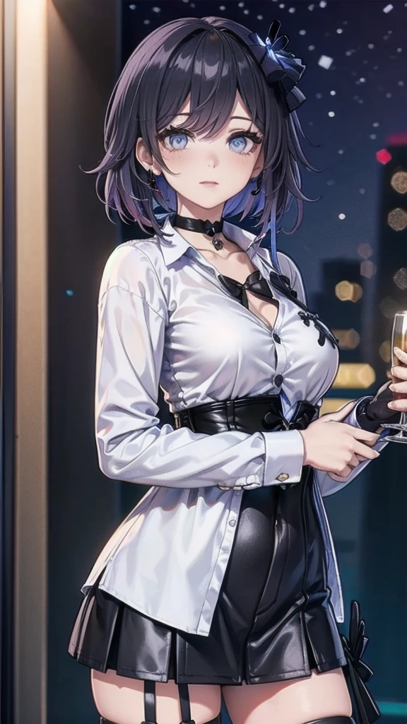 Masterpiece, Beautiful art, professional artist, 8k, Very detailed face, Detailed clothing, detailed fabric, 1 girl, Soul Fullness \(Honkai Impact 3rd\), front view, standing, perfectly drawn body, shy expression, pale skin, beautiful face, short dark blue hair, 4k eyes, very detailed eyes, pink cheeks, choker:1.6, (white long sleeve button down shirt with white collar), black gloves, gloves that cover hands, (black leather corset), (shiny black tight mini skirt), Sensual Lips , winter night, show details in the eyes, looking at the viewer, elegant city, at night