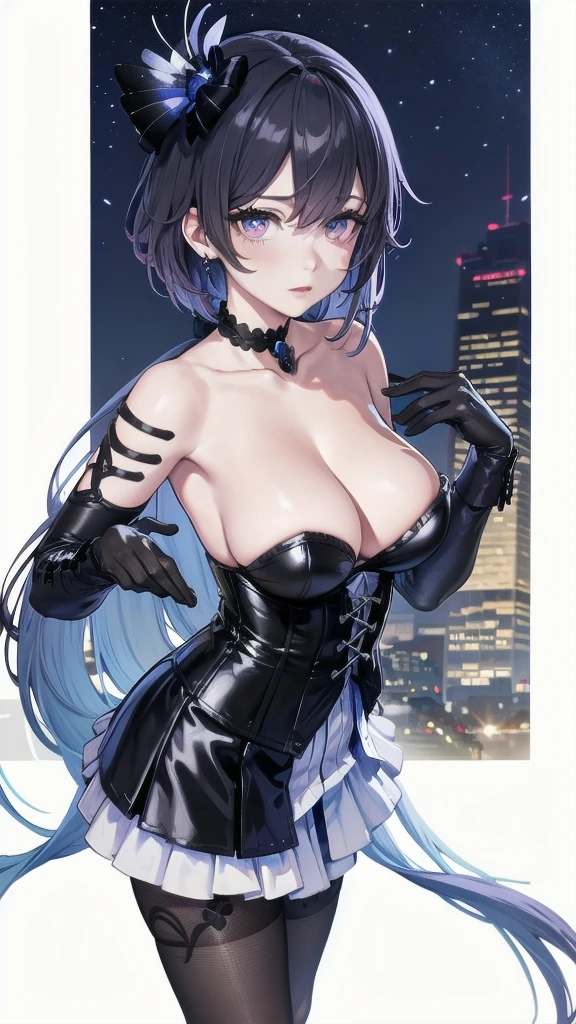 Masterpiece, Beautiful art, professional artist, 8k, Very detailed face, Detailed clothing, detailed fabric, 1 girl, Soul Fullness \(Honkai Impact 3rd\), front view, standing, perfectly drawn body, shy expression, pale skin, beautiful face, short dark blue hair, 4k eyes, very detailed eyes, pink cheeks, choker:1.6, (white long sleeve button down shirt with white collar), black gloves, gloves that cover hands, (black leather corset), (shiny black tight mini skirt), Sensual Lips , winter night, show details in the eyes, looking at the viewer, elegant city, at night