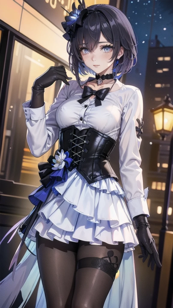 Masterpiece, Beautiful art, professional artist, 8k, Very detailed face, Detailed clothing, detailed fabric, 1 girl, Soul Fullness \(Honkai Impact 3rd\), front view, standing, perfectly drawn body, shy expression, pale skin, beautiful face, short dark blue hair, 4k eyes, very detailed eyes, pink cheeks, choker:1.6, (white long sleeve button down shirt with white collar), black gloves, gloves that cover hands, (black leather corset), (shiny black tight mini skirt), Sensual Lips , winter night, show details in the eyes, looking at the viewer, elegant city, at night