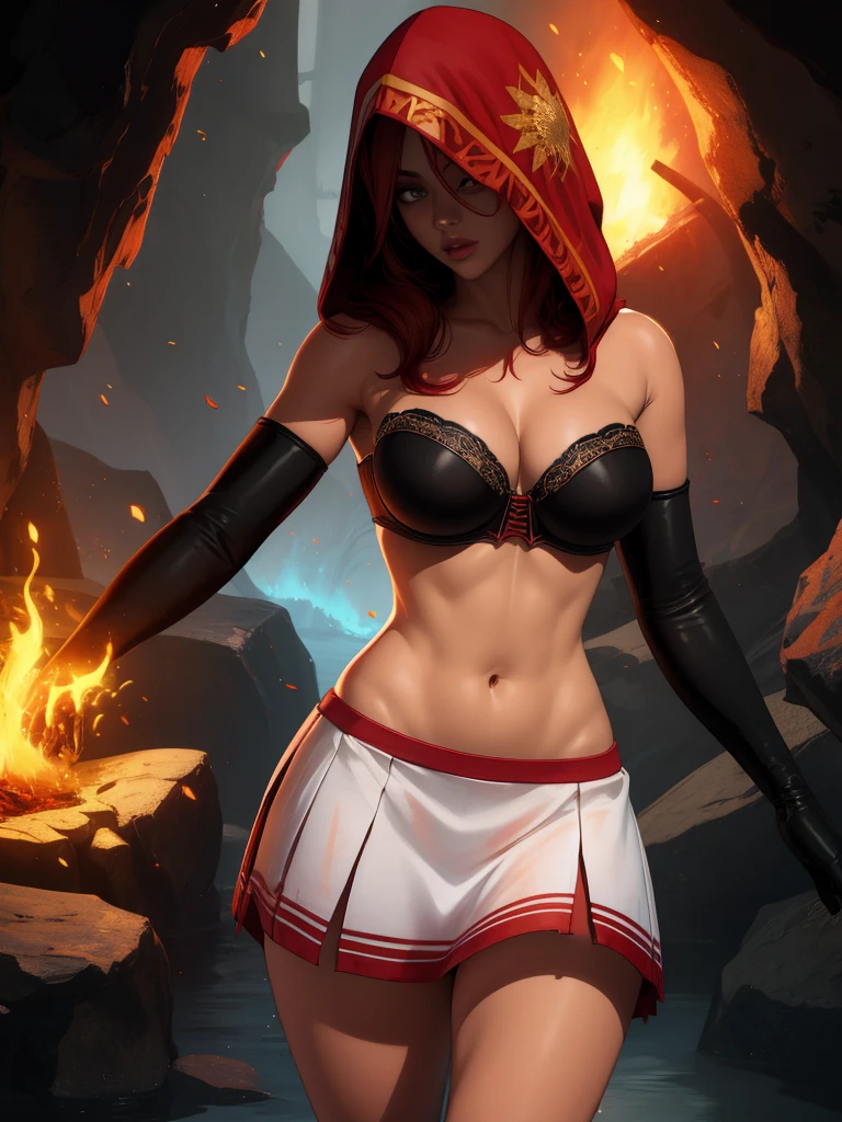Dsorceress, redhair, shadowy face,dark cave, fire, hood, shadowed face, strapless bra, slim and athletic body, miniskirt, no panty, elbow gloves, dark skin, 1 girl (insanely detailed, masterpiece, best quality)