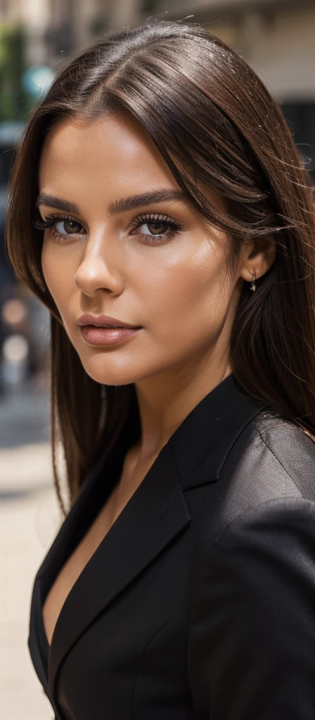 A photo of beautiful italian business woman with professionnal black skirt suit, light makeup, long straight brown hair, high quality, very detailed, perfect fit, looking at the camera, detailed face and eyes