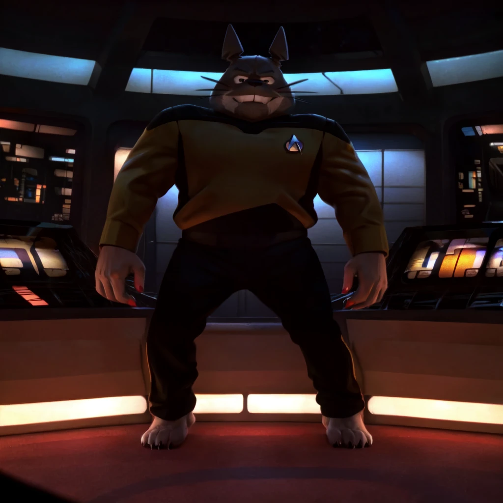 (((Barefoot furry character, full body, cinematic setting, furry male, plantigrade))) 

captain ((Totoro)), studio ghibili, furry, big, fat, whiskers, grey skin, claws,

wears star trek next generation security yellow uniform, (((s3stngunf yellow uniform))) long black pants, muscular figure, dynamic pose, action expression

((Bridge of starship with many screens and consoles)), futuristic look, metalic, bright colors

BREAK, intricate details, highly detailed, extreme detail, octane render, fine art, best quality, highres, (detailed face:1.5), ((full_body)), UHD, (((perfect hands))), ((low light:1.5))