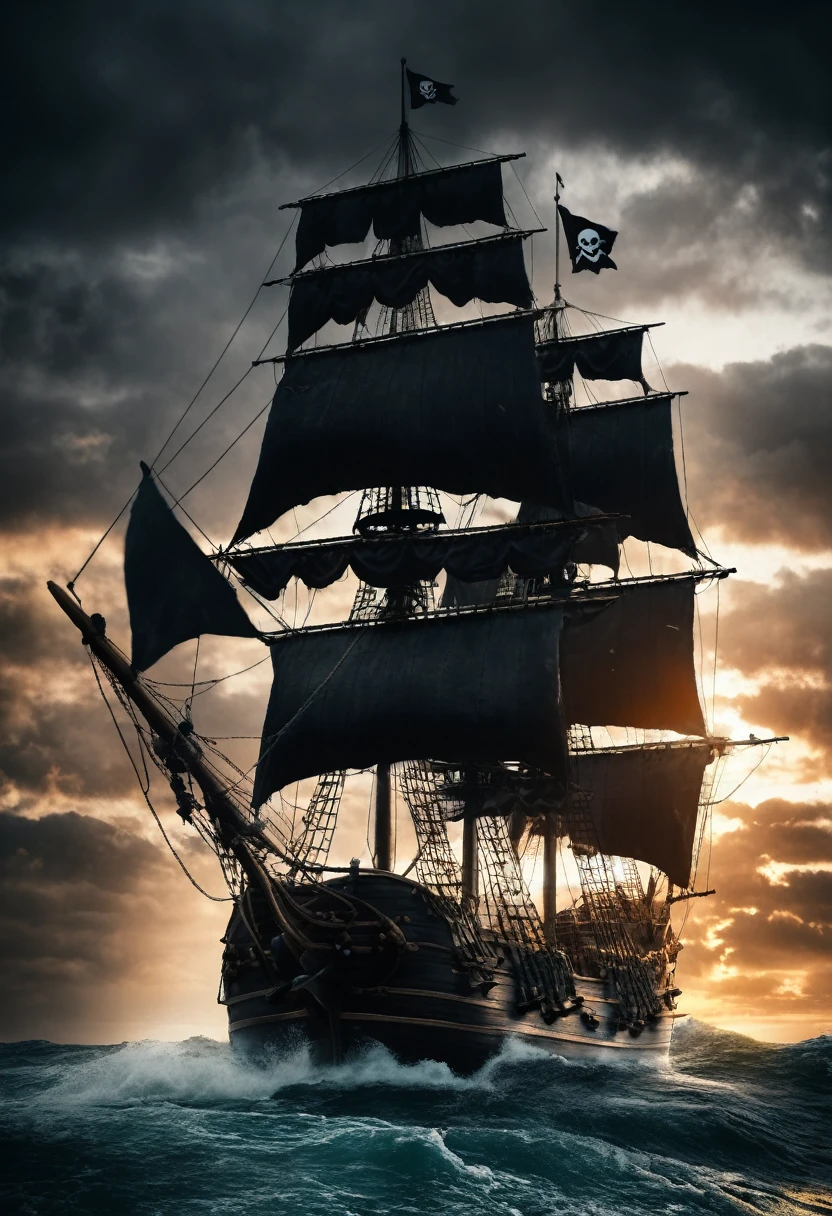 Stormy sea. Pirate ship with black sails with a picture of Jolly Roger. Cinematic picture. ultra-amazing lighting, conceptual art, super detail, amazing composition. hyperrealistic photography.