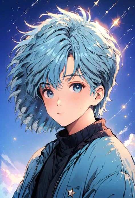 looking up at the winter starry sky、image of a young and handsome boy with light blue hair, shooting stars cross the sky.