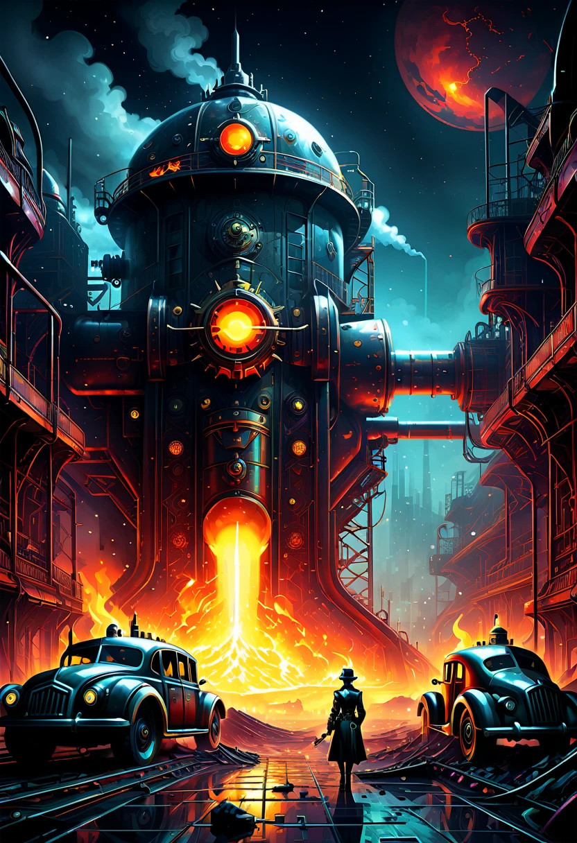 a medium quality digital illustration of "Infernoland" breaking [off] in a dieselpunk space, bad night, dark atmosphere, steampunk elements, surreal, vibrant colors, futuristic, fantasy art, dynamic composition, detailed, intricate design, sci-fi inspired, dystopian setting