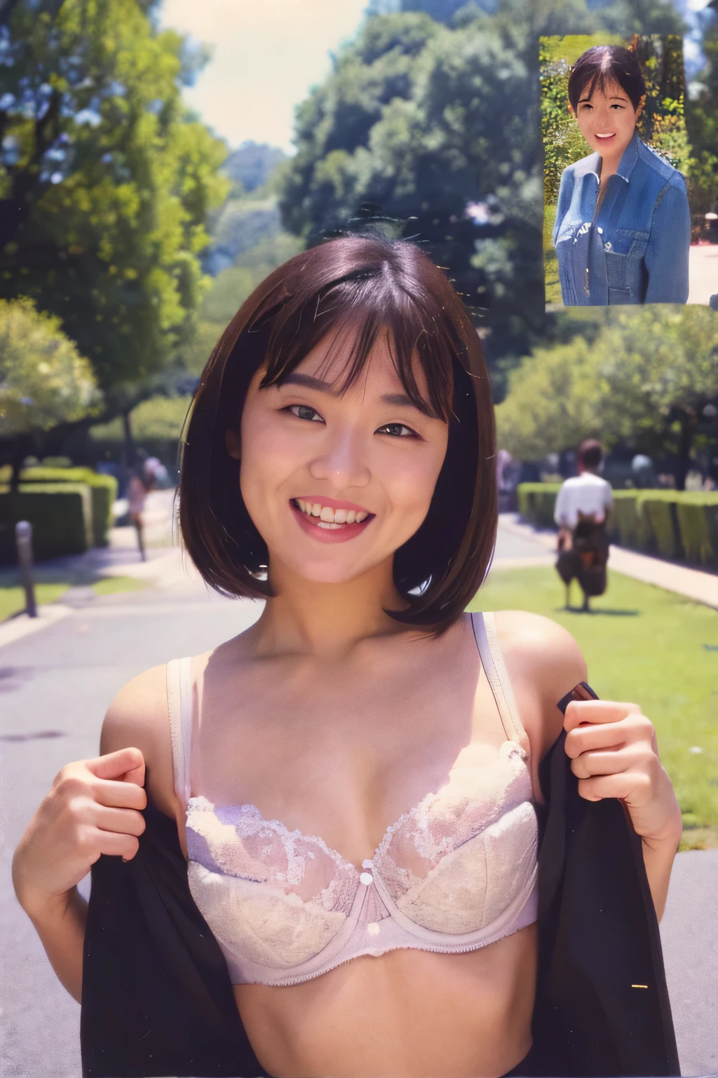 Show me your、((Highest quality、8K resolution、masterpiece、Portraiture)), Short Bob、Realistic, 35mm Film, Daytime,((showing her bra:1.2)) , (Outdoor_park: 1.2), Cluttered Background,Looking at the audience,Laughter, whole body