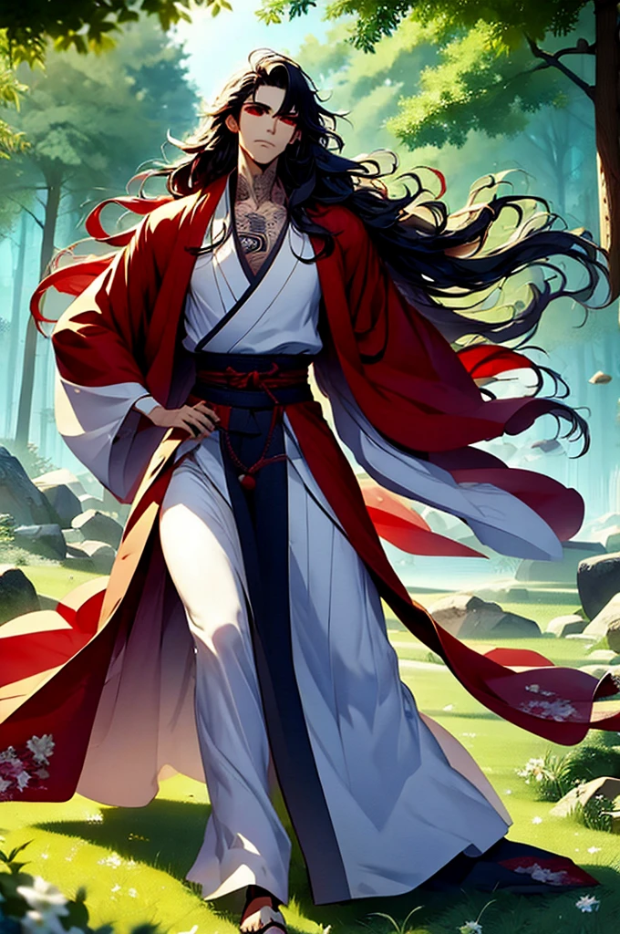 illustration, mo dao zu shi, solo, 1 man, lonely, black and red wavy long hair, red beautiful eyes, realistic cheeks, muscular body, wearing hanfu, Chinese male hanfu, folk costume, tattooed neck, detailed snake neck tattoo, by Kentaro Miura drawn manga, wild style, full body shot, luxurious scenery, AImanhwa style, masterpiece, UHD , awrad award-winning design, Artstation, sharp image, high definition, detailed, detailed, (ultra detailed), (illustration) ,(masterpiece:1.2) , (best quality: 1.2)