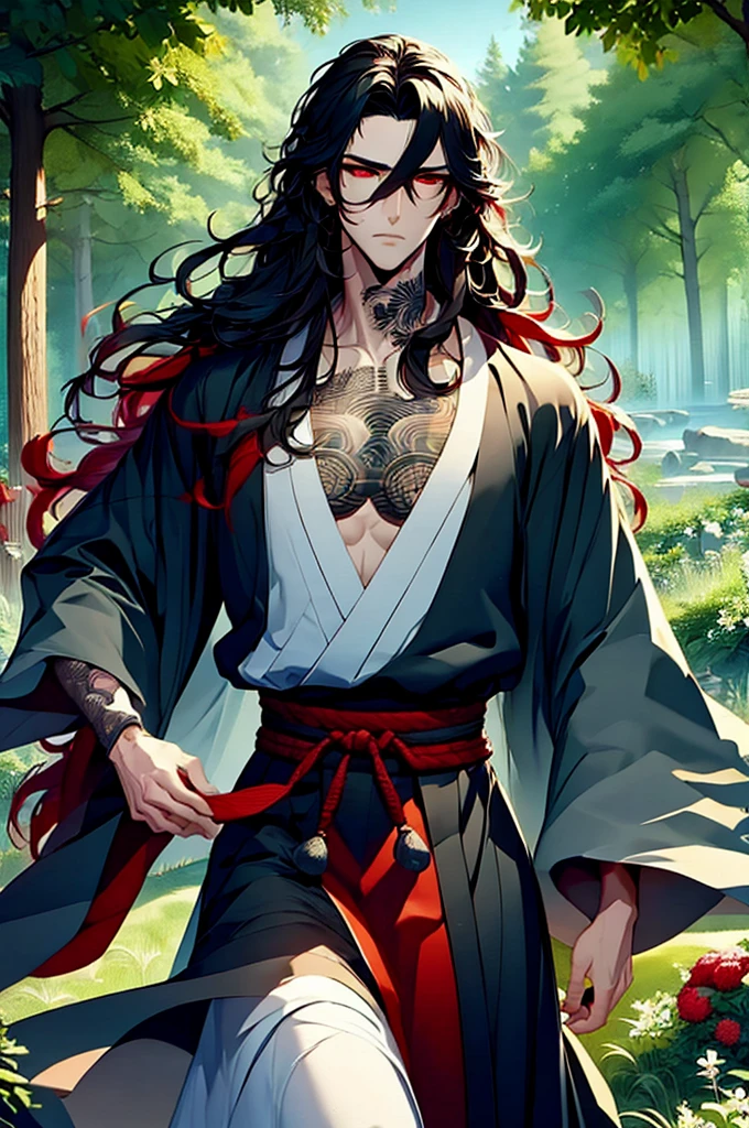 illustration, mo dao zu shi, solo, 1 man, lonely, black and red wavy long hair, red beautiful eyes, realistic cheeks, muscular body, wearing hanfu, Chinese male hanfu, folk costume, tattooed neck, detailed snake neck tattoo, by Kentaro Miura drawn manga, wild style, full body shot, luxurious scenery, AImanhwa style, masterpiece, UHD , awrad award-winning design, Artstation, sharp image, high definition, detailed, detailed, (ultra detailed), (illustration) ,(masterpiece:1.2) , (best quality: 1.2)