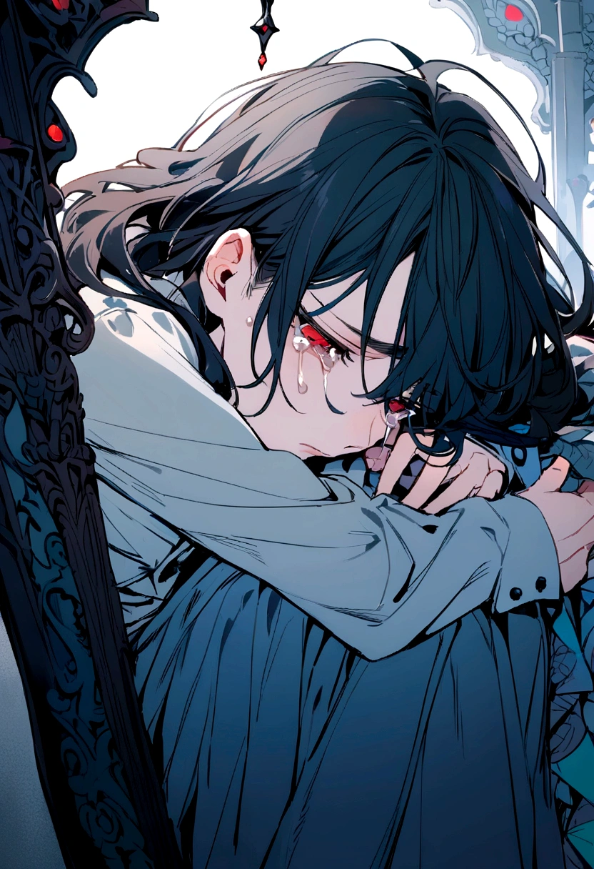 boy, red eyes, black hair, curled up, crying