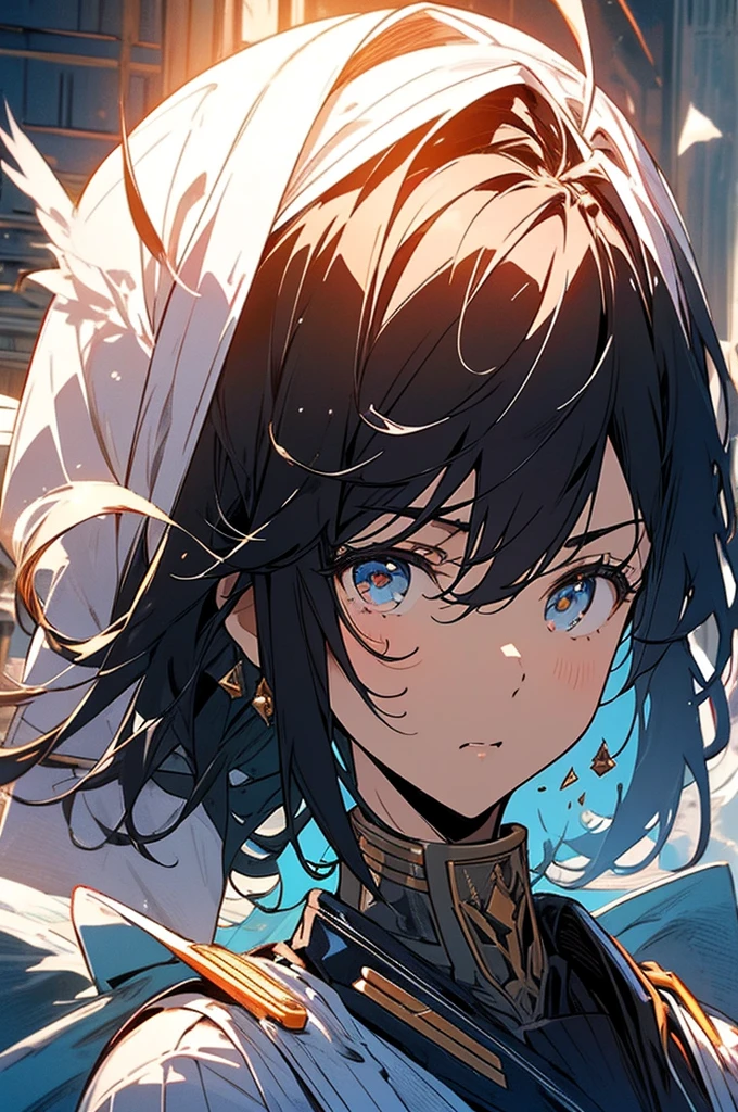 (High resolution, clear_image) Top Quality Guy, masterpiece, Very detailed, Semi-realistic, black man with short hair, Middle hair, 18-year-old, young, Tall and strong, Pure white clothes, white, uniform, army sergeant school, Undisciplined, Uninhibited, good looking, authoritarian, Powerful aura, Satan, Angel, Beautiful Faces, Facial details,