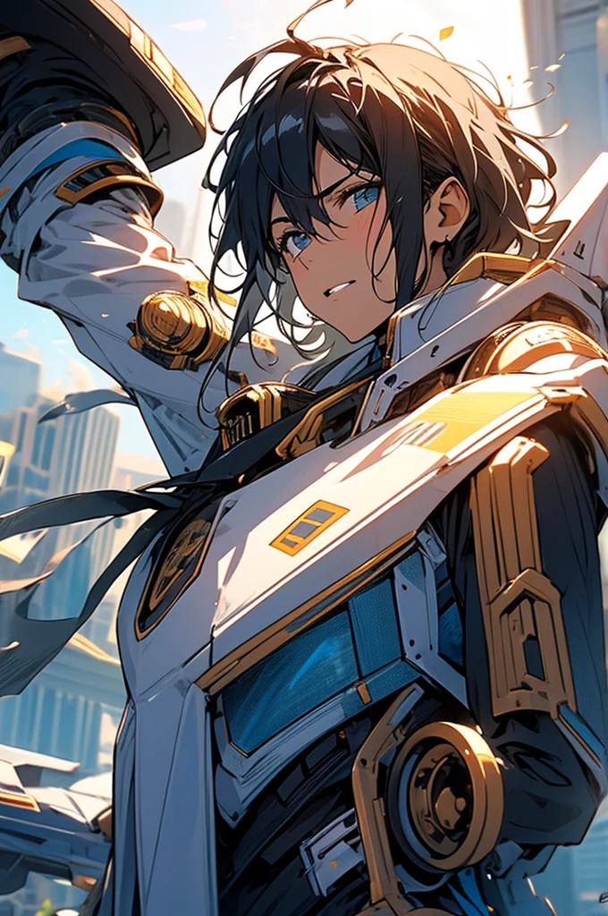 (High resolution, clear_image) Top Quality Guy, masterpiece, Very detailed, Semi-realistic, black man with short hair, Middle hair, 18-year-old, young, Tall and strong, Pure white clothes, white, uniform, army sergeant school, Undisciplined, Uninhibited, good looking, authoritarian, Powerful aura, Satan, Angel, Beautiful Faces, Facial details,