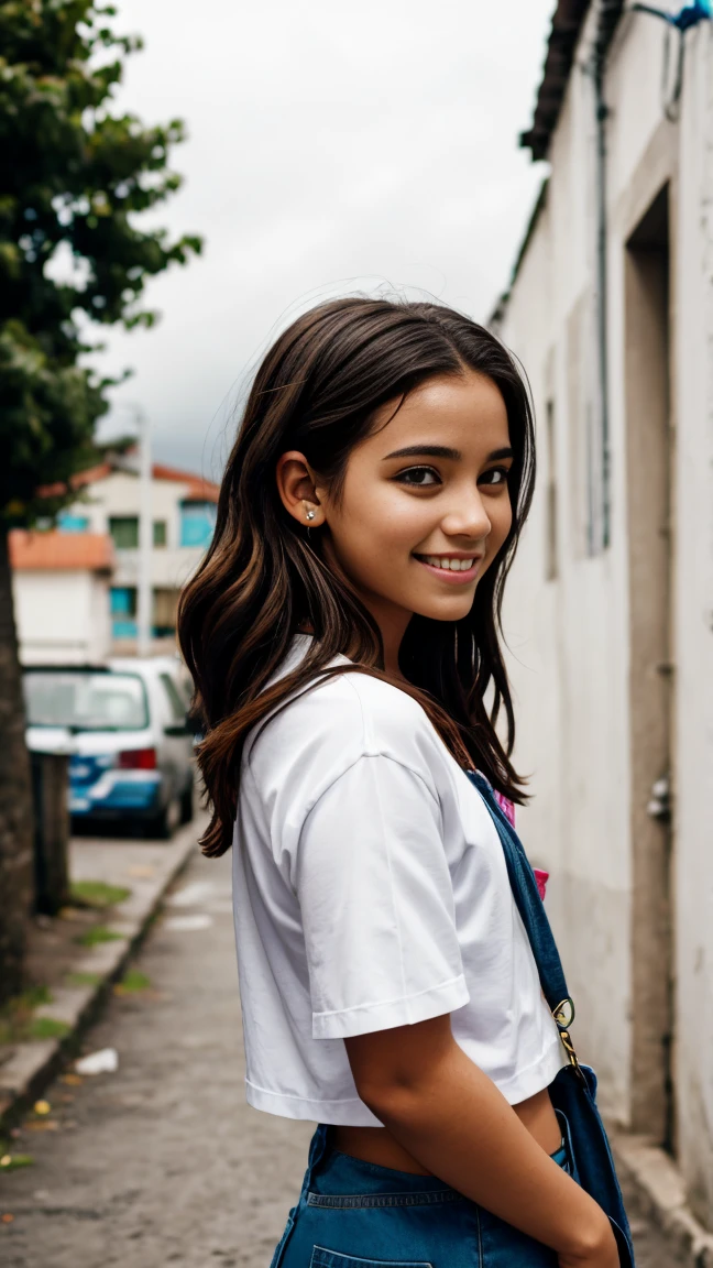 iPhone portrait bright overcast, comuna 13, 1 girl 22 years old, smiling, trendy casual outfits