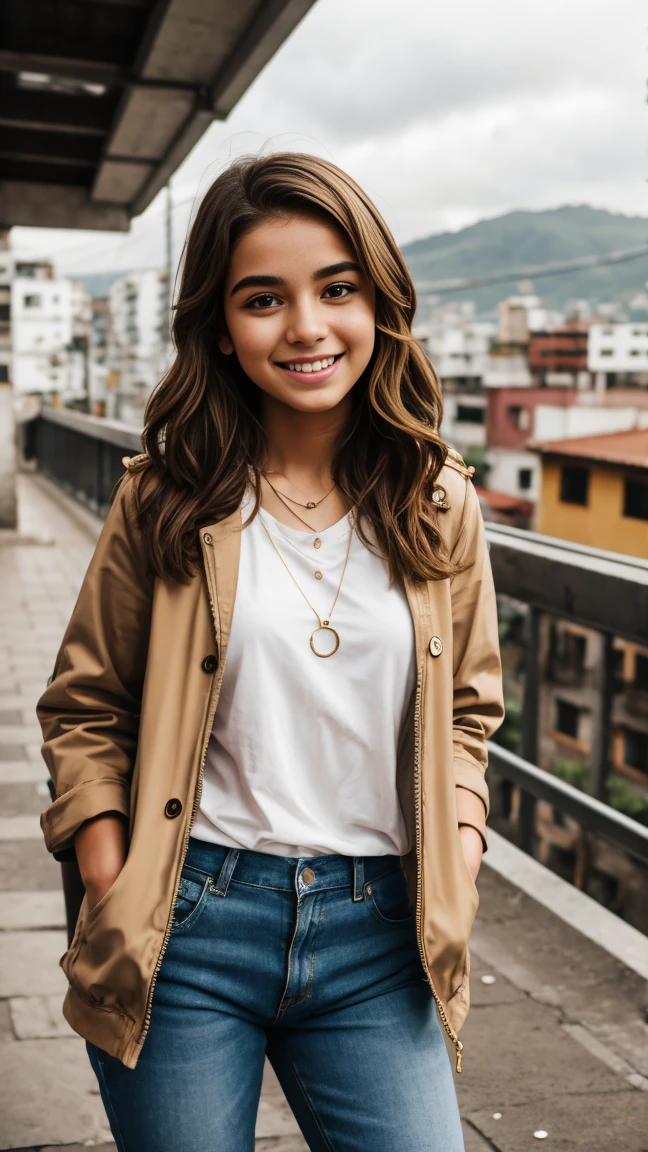 iPhone portrait bright overcast, comuna 13, 1 girl 22 years old, smiling, trendy casual outfits