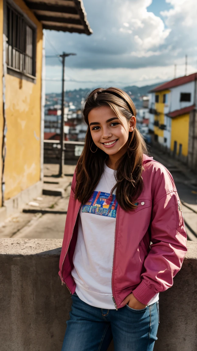 iPhone portrait bright overcast, comuna 13, 1 girl 22 years old, smiling, trendy casual outfits