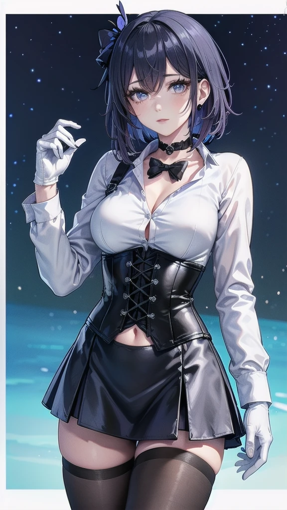 Masterpiece, Beautiful art, professional artist, 8k, Very detailed face, Detailed clothing, detailed fabric, 1 girl, Soul Fullness \(Honkai Impact 3rd\), front view, standing, perfectly drawn body, shy expression, pale skin, beautiful face, short dark blue hair, 4k eyes, very detailed eyes, pink cheeks, choker:1.6, (white long sleeve button down shirt with white collar), black gloves, gloves that cover hands, (black leather corset), (shiny black tight mini skirt), Sensual Lips , winter night, show details in the eyes, looking at the viewer, elegant city, at night