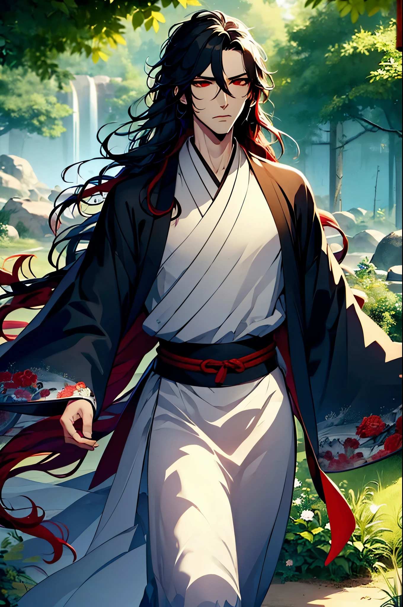 illustration, mo dao zu shi, solo, 1 man, lonely, black and red wavy long hair, red beautiful eyes, realistic cheeks, muscular body, wearing hanfu, Chinese male hanfu, folk costume, tattooed neck, detailed snake neck tattoo, by Kentaro Miura drawn manga, wild style, full body shot, luxurious scenery, AImanhwa style, masterpiece, UHD , awrad award-winning design, Artstation, sharp image, high definition, detailed, detailed, (ultra detailed), (illustration) ,(masterpiece:1.2) , (best quality: 1.2)