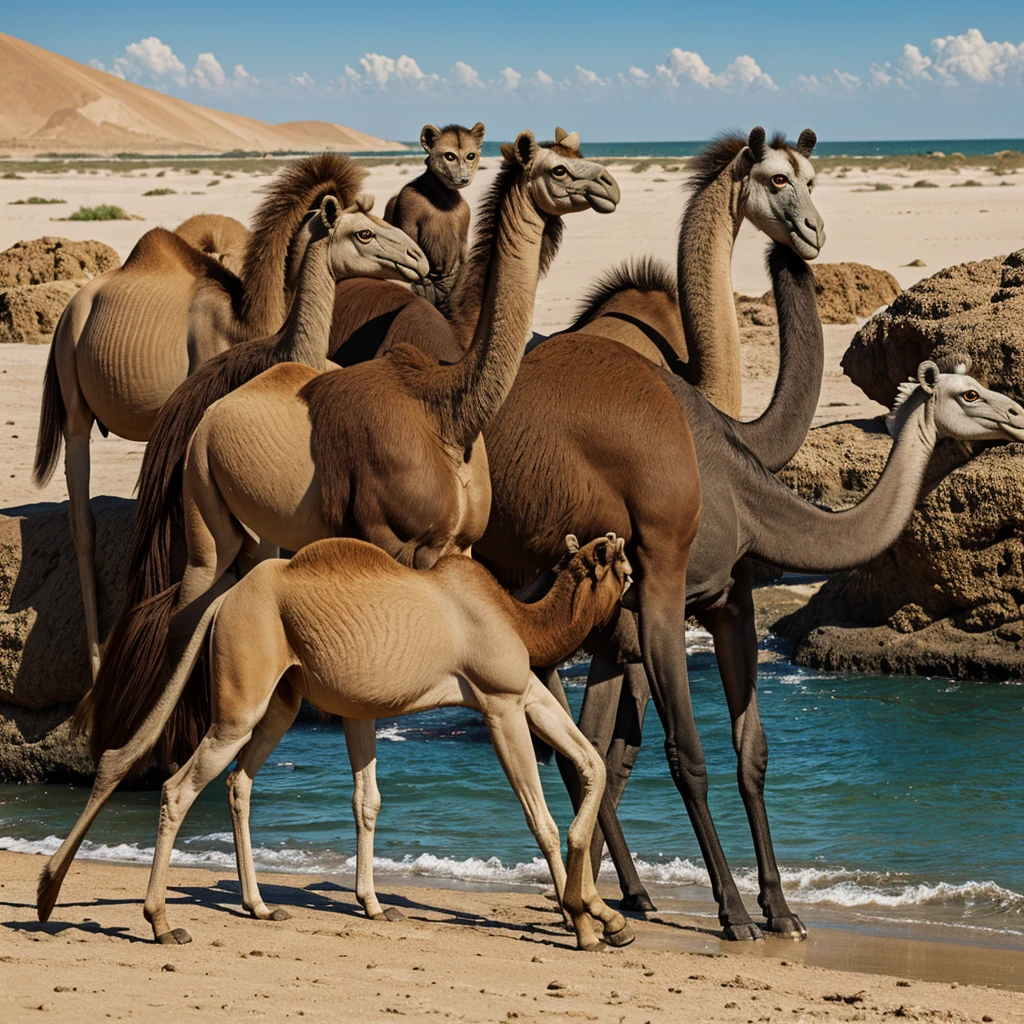 Real photography, unique composition that mixes and brings together in an almost surreal design four different types of animals in a single body of a Camel, tail of a Vulture, head of a Langur, arms and legs of a Ringed Sea Snake. There is a frame in the image that refers to the 2d drawn image of lines that become wind and water and fire and earth at the base, with transparent background