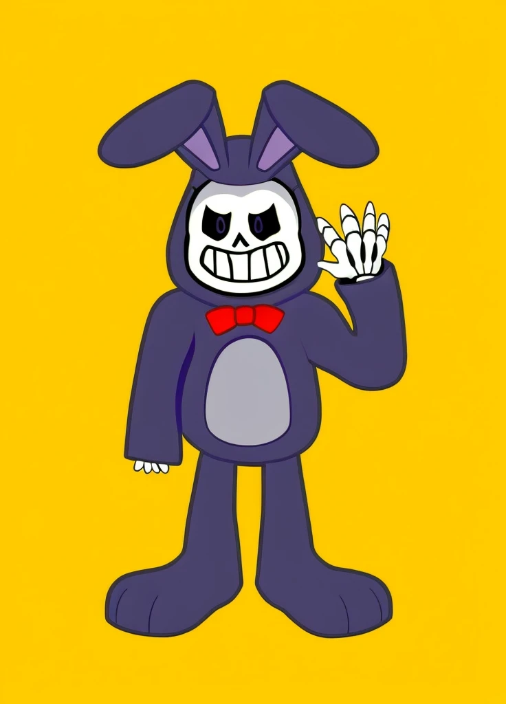 Create a 3D model of a skeleton wearing a purple bunny costume. The costume should have a plush appearance, with a soft, realistic texture. The rabbit should have large floppy ears, a light gray belly and a red bow around its neck. The skeleton should have a big smile and glowing purple hollow eyes. The skeleton's hands and fingers must be bones. The character's pose should be friendly, with a hand waving. The background must be transparent.