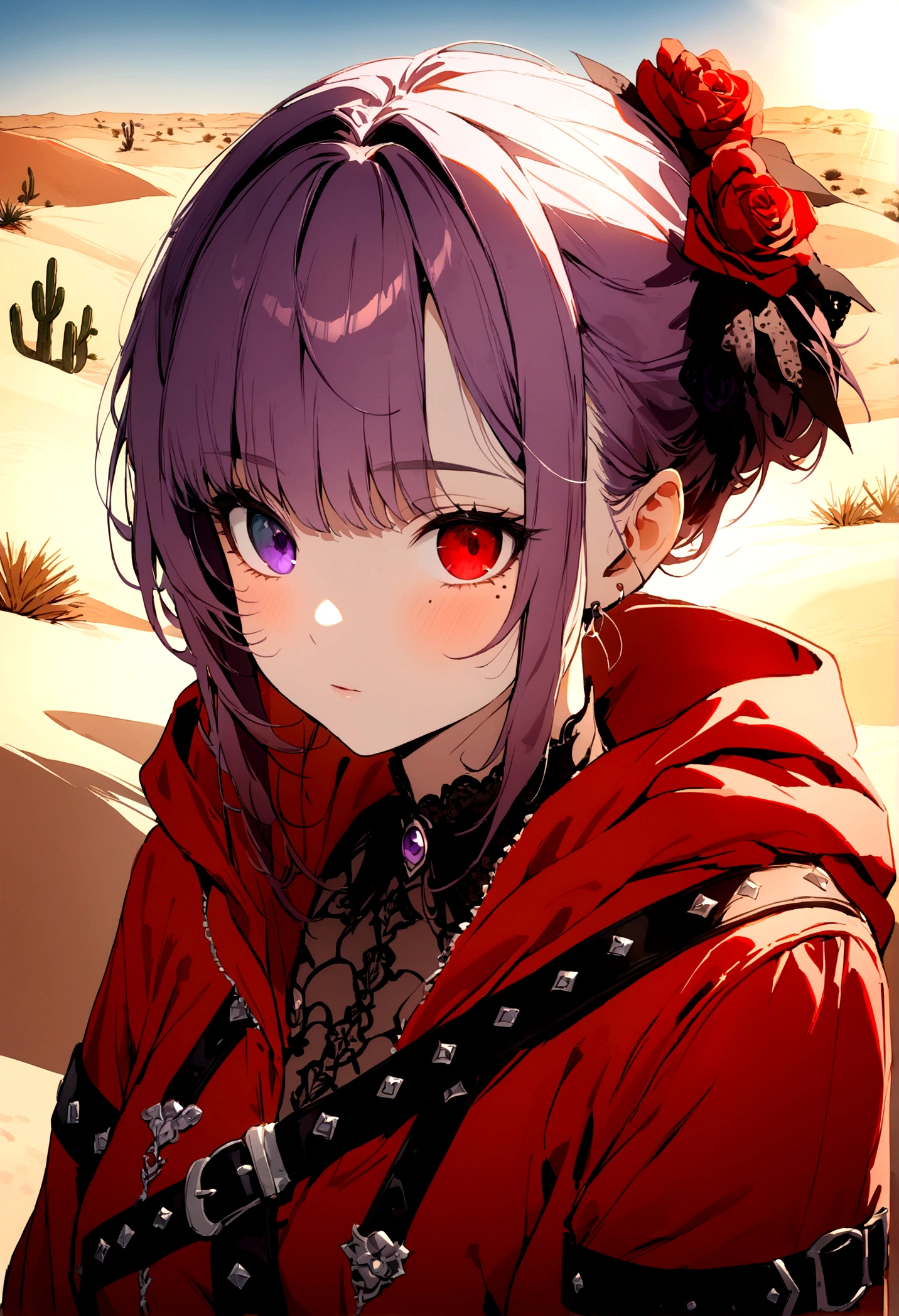 ((desert, sand, dunes, refraction effect, sun)), (masterpiece, best quality), (1girl), (solo), ((portrait)), perfect face, ((heterochromia, blonde and purple hair, ((red long parka)), gothic unnecessary belts everywhere, mole below eye)), the background is a beautiful desert with cactus, tumbleweed, cinematic light, sunny day, dramatic lighting, ultra detail, 8k, watercolor, dainty, delicate (gothic lace, gothic roses, goth aesthetic)
