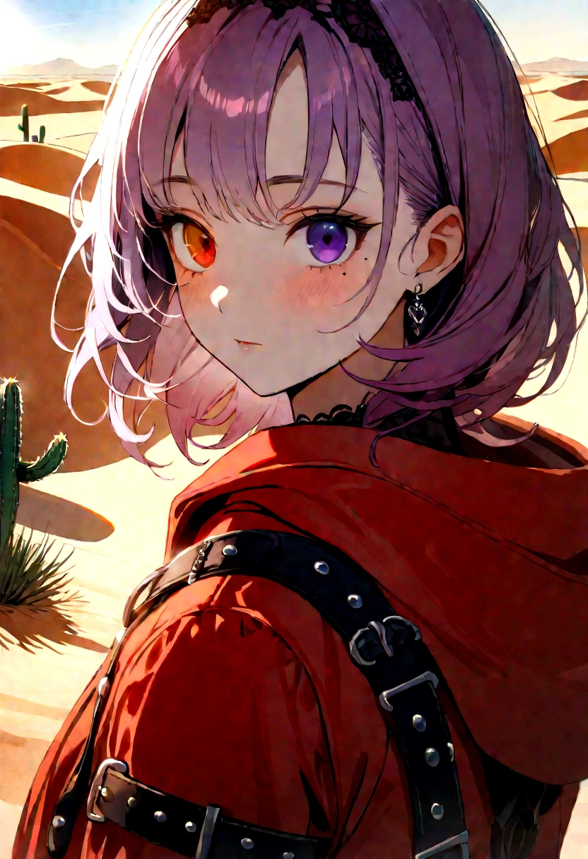 ((desert, sand, dunes, refraction effect, sun)), (masterpiece, best quality), (1girl), (solo), ((portrait)), perfect face, ((heterochromia, blonde and purple hair, ((red long parka)), gothic unnecessary belts everywhere, mole below eye)), the background is a beautiful desert with cactus, tumbleweed, cinematic light, sunny day, dramatic lighting, ultra detail, 8k, watercolor, dainty, delicate (gothic lace, gothic roses, goth aesthetic)