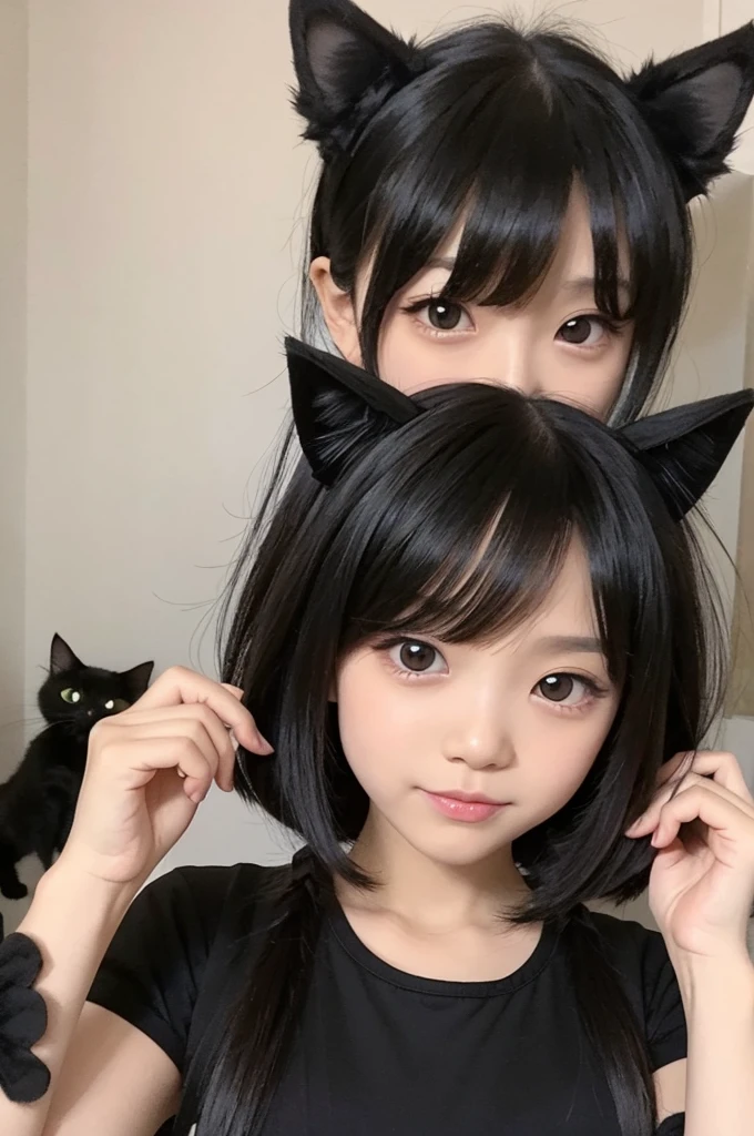 Chibi character black cat hairstyle short cat ears