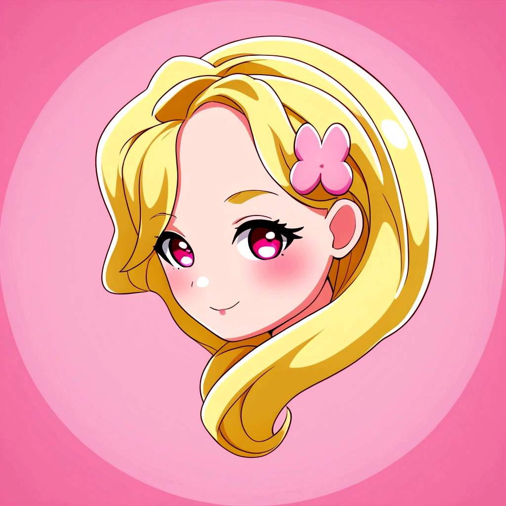 a close up of a cartoon girl with a pink bow in her hair, avatar for website, yami kawaii, anime style”, pink girl, chibi, pink face, pink iconic character, cartoonish cute, avatar with a blond hair, , cute anime face, glowing pink face, extremely cute anime girl face, pixvy, cooky, (pink colors)
