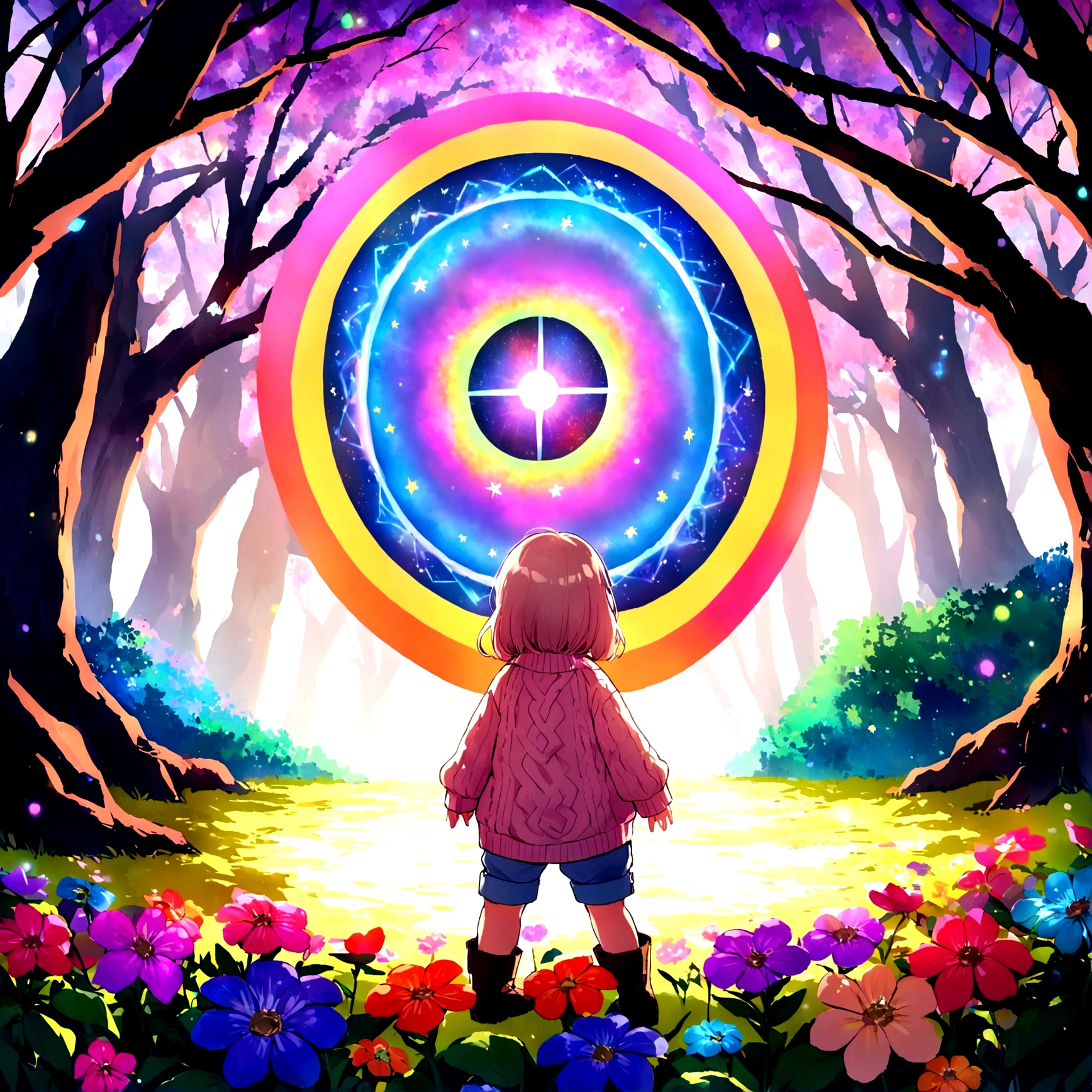 A colorful portal appears through a tree,Shines brightly. The portal has ancient runes on its surface. In the background is a colorful universe,There are colorful flowers and tree-lined trees. No primeiro plano,Look back at the portal, There was an wearing a sweater and Boots, And pants.