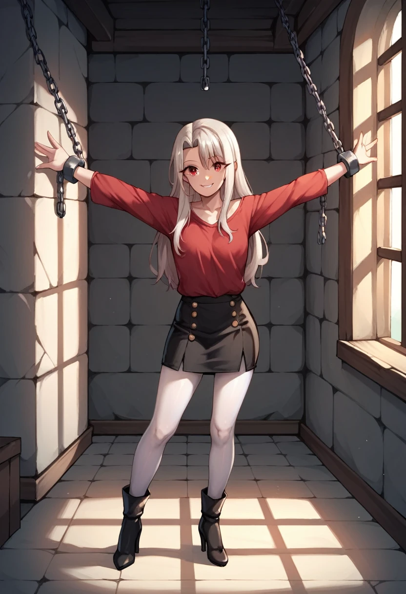 score_9, score_8_up, score_7_up, score_6_up, score_5_up, score_4_up, source_anime, 1woman, worth, perfect anatomy, solo, Irisviel von Einzbern, red eyes, long hair, red shirt, black skirt, white thigh boots, heels, pantyhose, cowboy shot, standing, smile, indoors, spread arms, w-w-chain, shackles, dungeon, best quality, best res, 4K UHD,
 