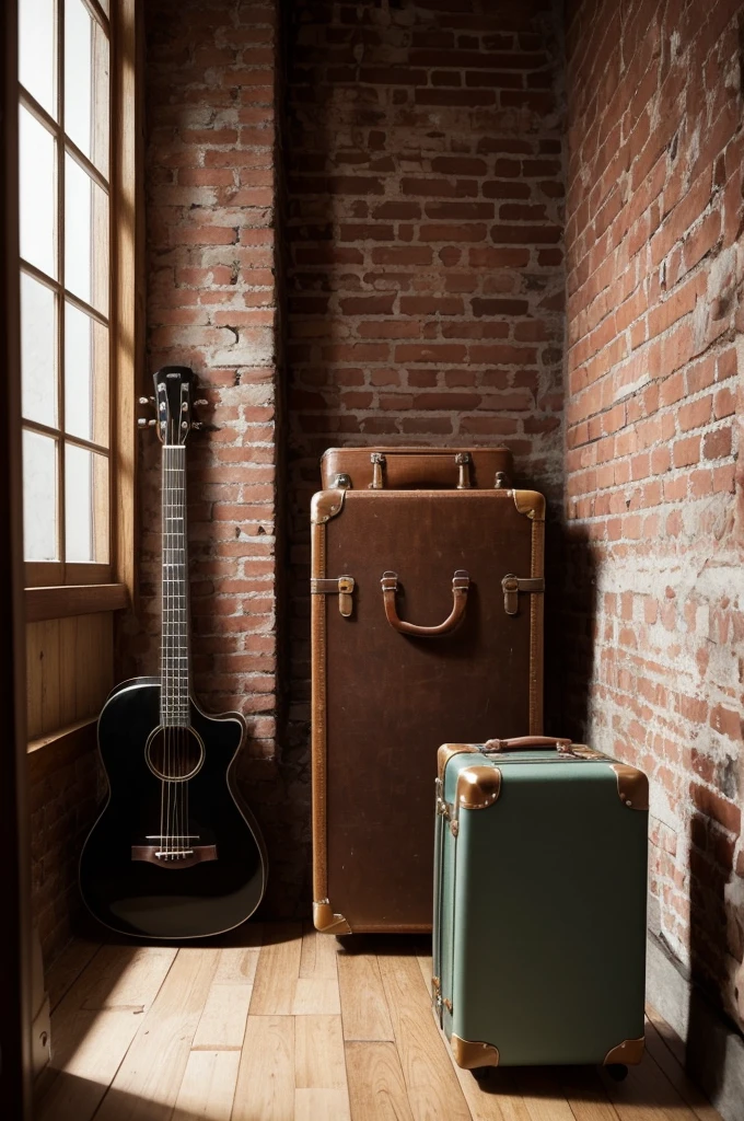 A vintage leather suitcase, with an aged appearance and brown tones, is positioned in the center of the image. Leaning against the suitcase, there is a wooden acoustic guitar, with a glossy finish and gleaming gold strings. The wood of the guitar has a warm amber tone, contrasting with the aged texture of the suitcase.
Wrapped delicately around the guitar body and suitcase strap, there is a black rose. The rose petals are deep black, with smooth edges that almost shine with a slight hint of silver. The dark green stem, with subtle thorns, snakes elegantly between guitar and suitcase, creating an atmosphere of mystery and beauty.
Ao fundo, a blurred scene of a rustic environment, perhaps an old bedroom or studio with exposed brick walls and wooden furniture, adds a touch of nostalgia to the composition. The lighting is soft and warm, casting light shadows that add depth and realism to the scene.