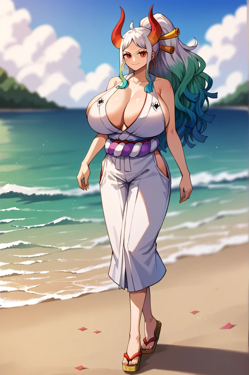 yamato \(one piece\), 1girl, solo, japanese clothes, multicolored hair, jewelry, earrings, sleeveless kimono, hair ornament, kimono, curled horns, long hair, oni, smile, rope, breasts, hair stick, sleeveless, shimenawa, closed mouth, hoop earrings, bare shoulders, ponytail, (masterpiece, best quality), beach, scenery, ((front view)), detailed, very high resolution, no blurry image, ((full body)), orange eyes, sligh wavy hair, (((massive breasts)))