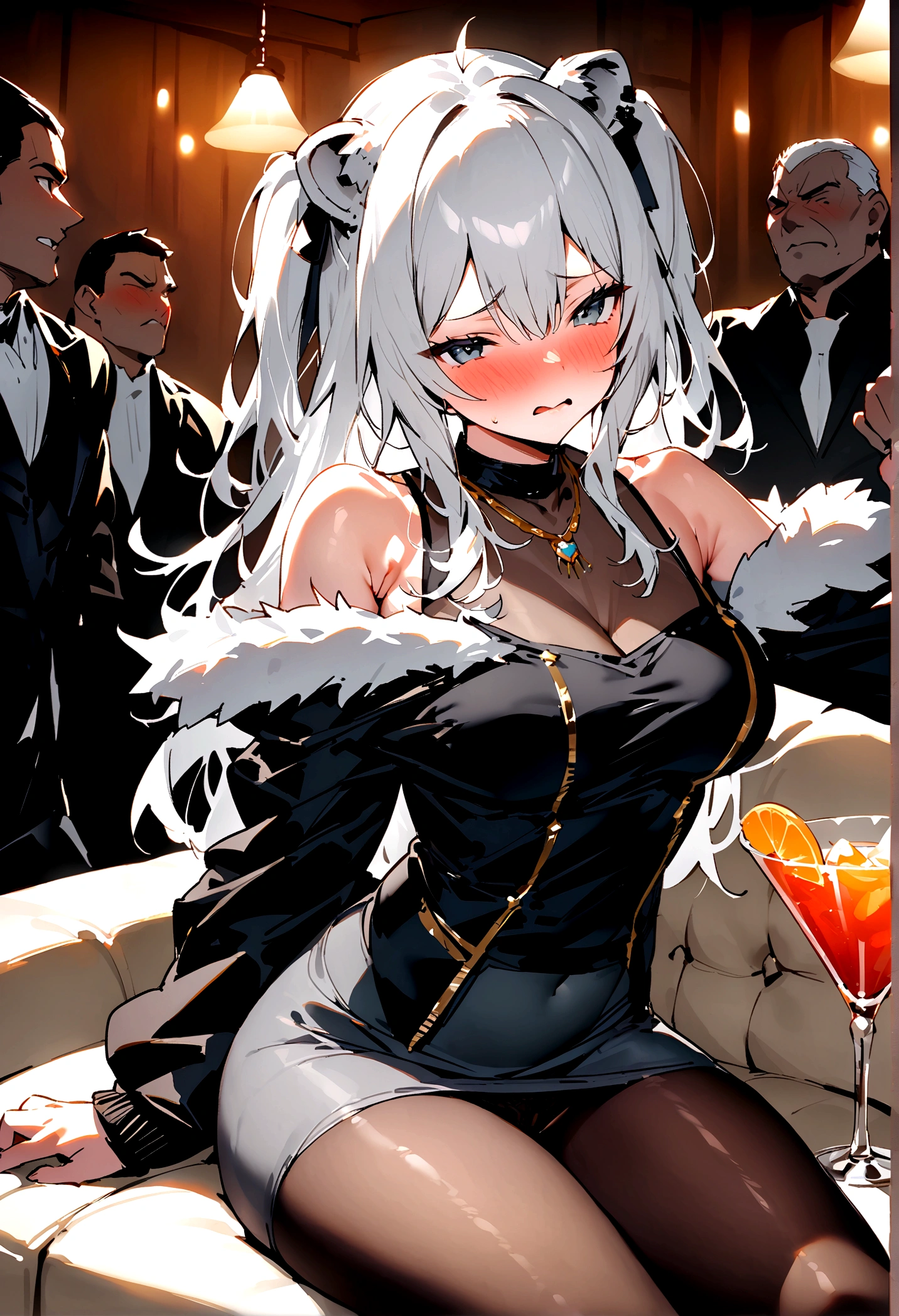 NSFW,masterpiece,Highest quality,High resolution,Super detailed,Shishirabotan\(Hololive\),Long Hair、Two Side Up、Earrings、Lion's Tail,necklace、Black Shirt、Sleeveless shirt、abdomen、See-through、Grey Skirt、片足pantyhose、pantyhose、fur-trimmed jacket、Black jacket、Off the shoulder,Black sexy panties,Embarrassed,blush,Luxurious Room,pub,Private room,sofa,Cocktail Glass,(Drunk),(Intoxication),Sitting,heart,Sexy pose,Panty shot,From the side,(Strong-faced men),A man embraces
