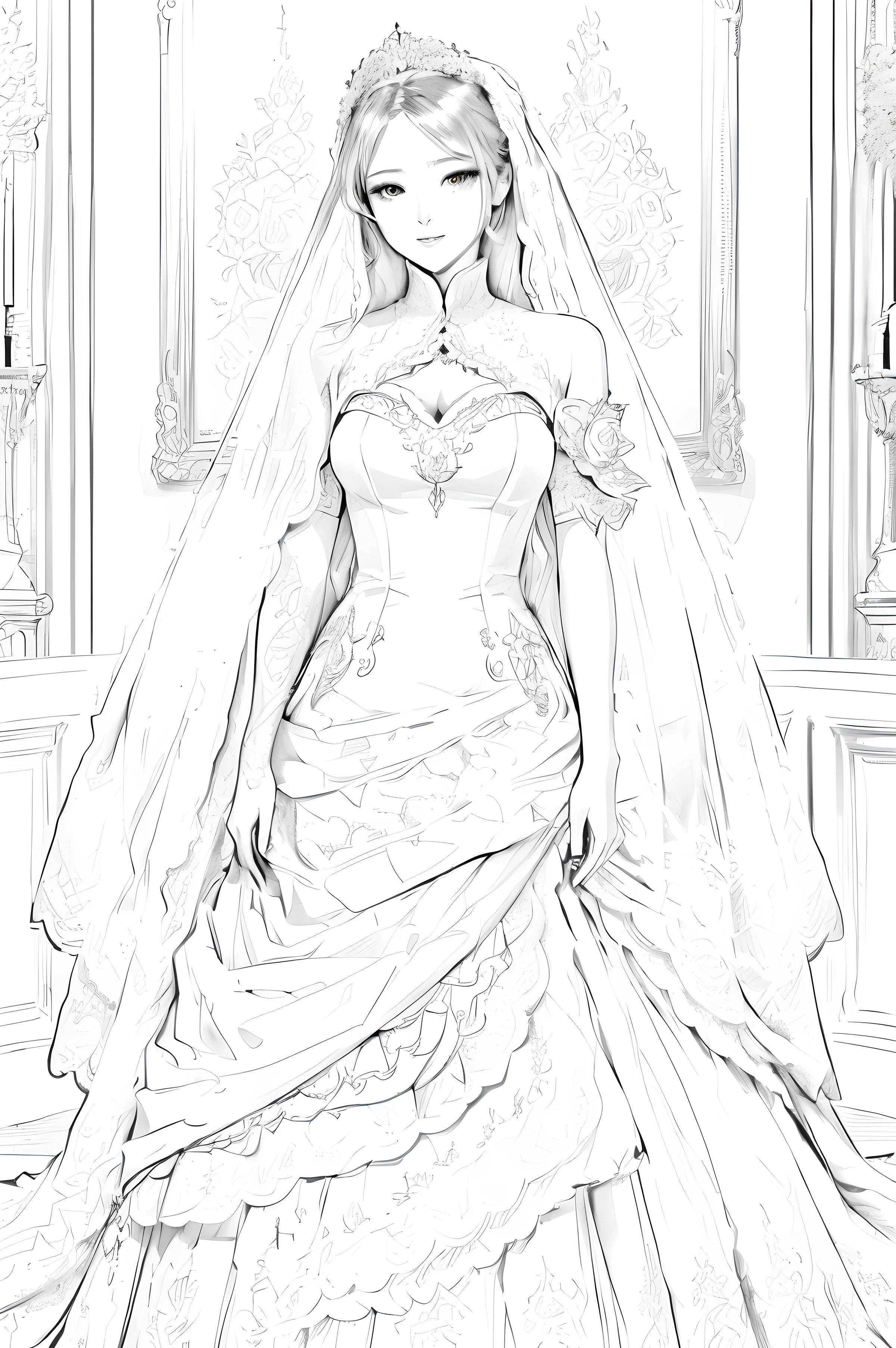 A black and white painting of a bride in a wedding dress, Very detailed lines, line art behance hd, Draw with photoshop, Extremely detailed lines, Coloring Pages, Line Art Coloring Pages, Coloring Pages, Sketch black and white color, Black and white detailed sketch, Official artwork with high detail, Strong line art, Adding Details